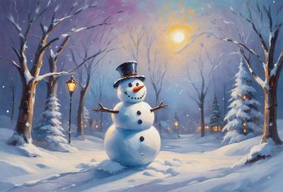 Primary subject: A snowman with a top hat and a scarf.

Setting/background: A snowy street with trees in the background.

Visual style: Digital art.

Colors and mood: The snowman is white, and the overall atmosphere is cold and festive.